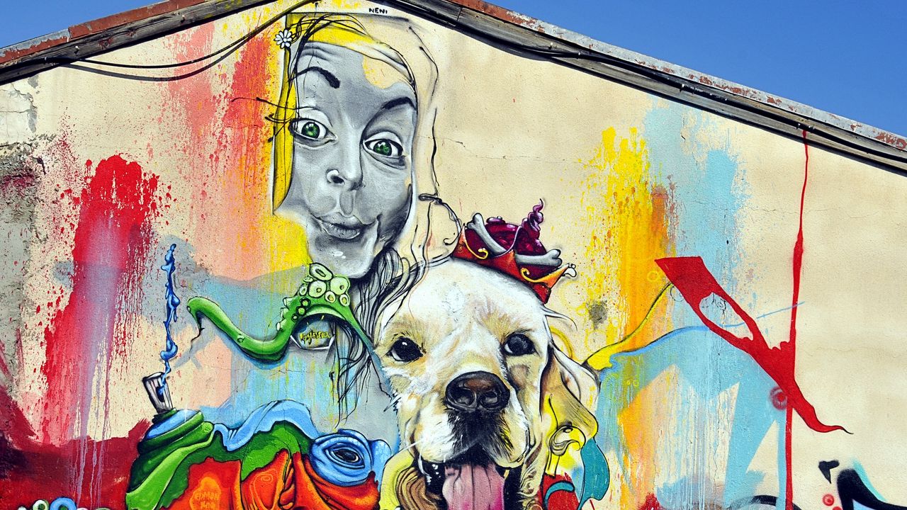 Wallpaper graffiti, girl, dog, art, street art, bright, colorful