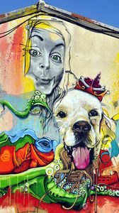Preview wallpaper graffiti, girl, dog, art, street art, bright, colorful