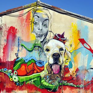 Preview wallpaper graffiti, girl, dog, art, street art, bright, colorful