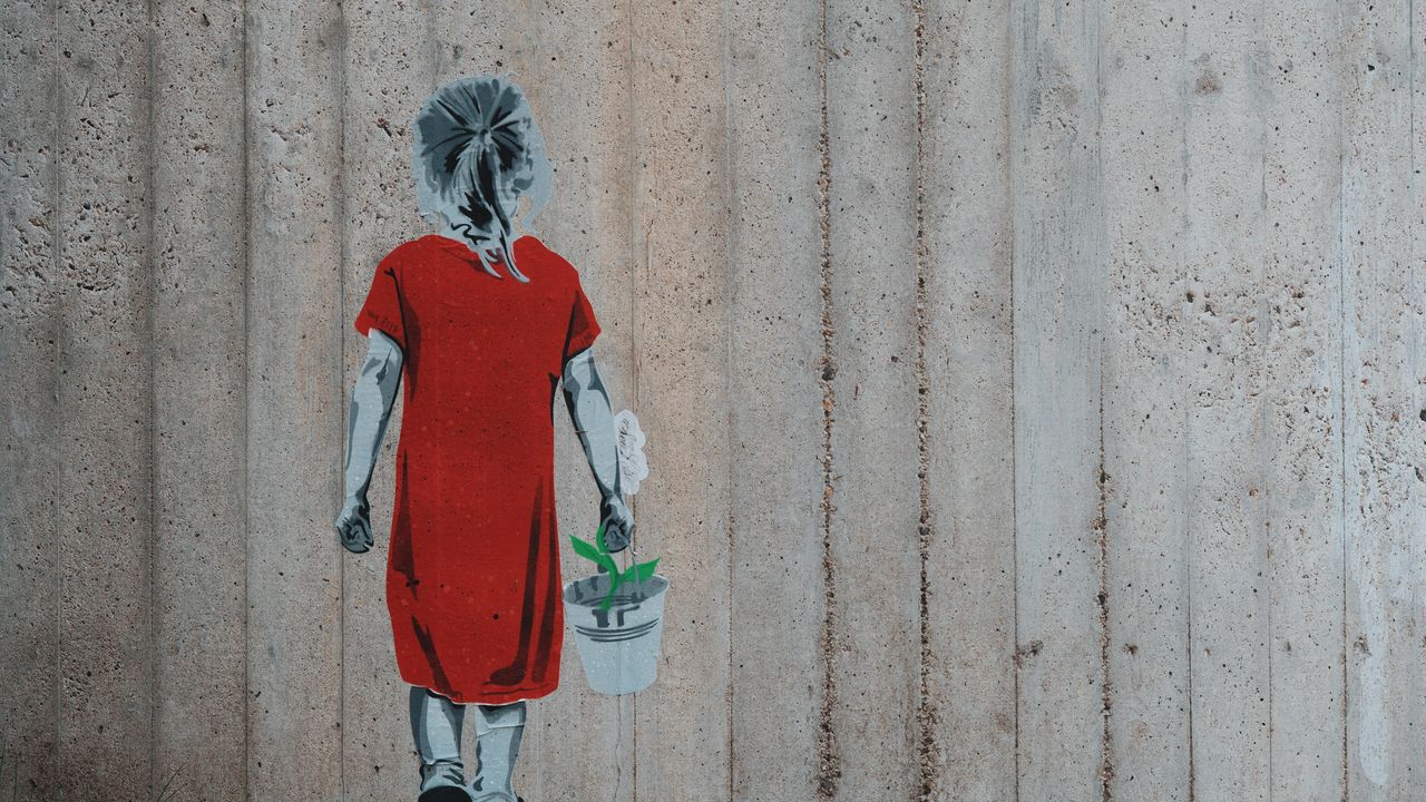 Wallpaper graffiti, girl, flower, bucket, wall, street art