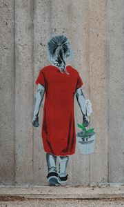 Preview wallpaper graffiti, girl, flower, bucket, wall, street art