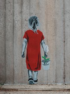 Preview wallpaper graffiti, girl, flower, bucket, wall, street art