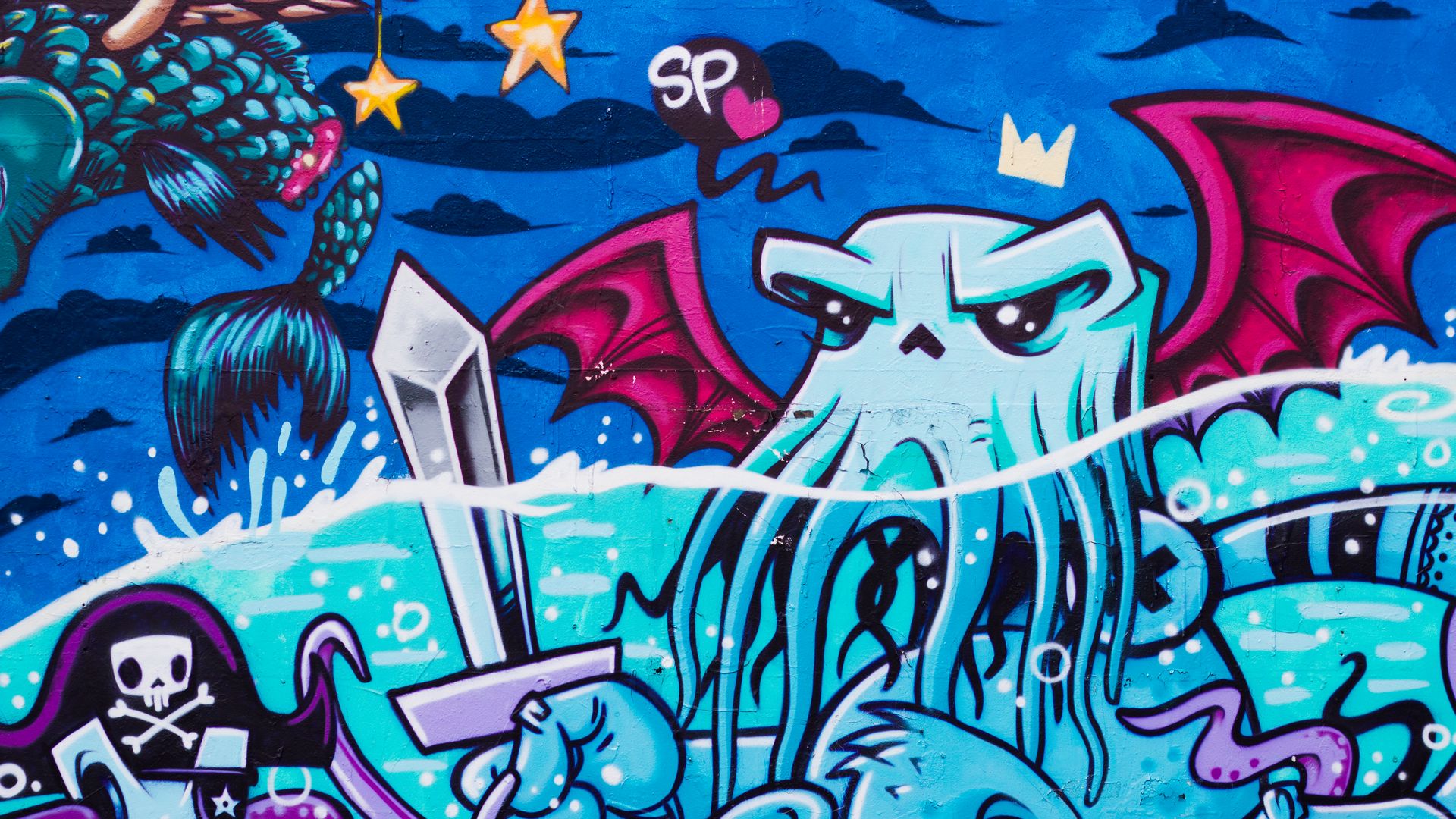 Download wallpaper 1920x1080 graffiti, octopus, street art full hd, hdtv,  fhd, 1080p hd background