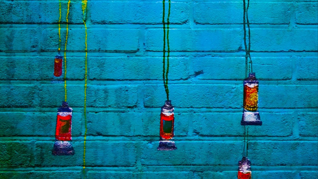 Wallpaper graffiti, paint, brick, tubes, wall