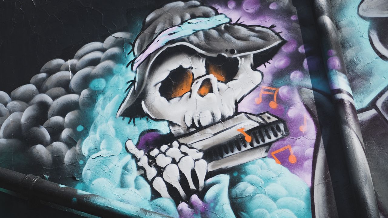 Wallpaper graffiti, skeleton, music, hat