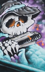 Preview wallpaper graffiti, skeleton, music, hat