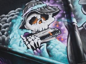 Preview wallpaper graffiti, skeleton, music, hat