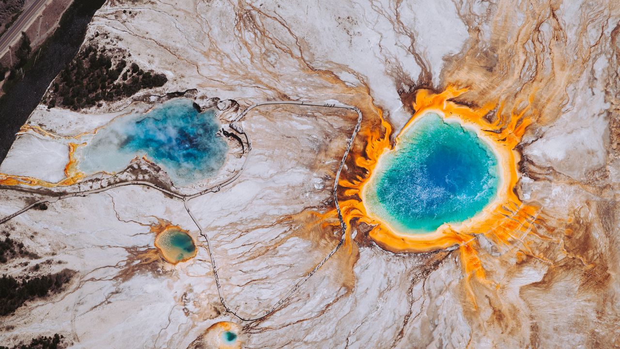 Wallpaper grand prismatic spring, surface, scenic, wyoming, united states