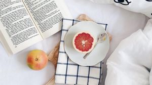 Preview wallpaper grapefruit, book, aesthetics, white