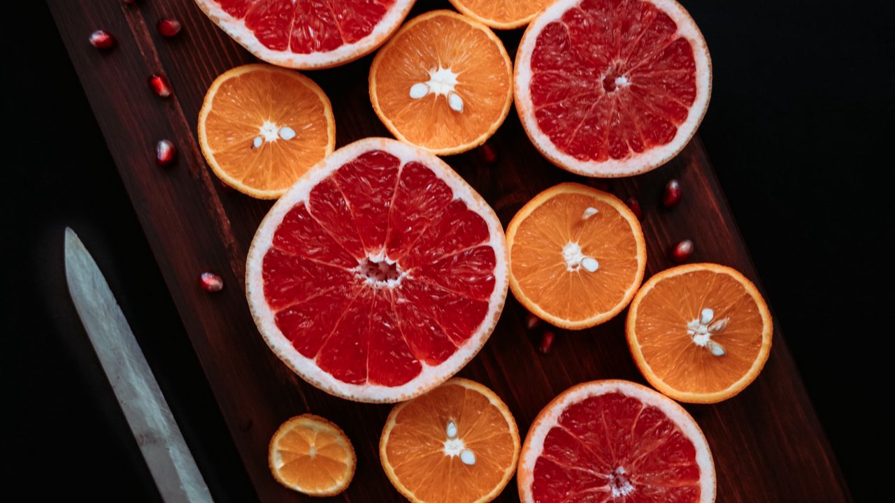 Wallpaper grapefruit, orange, pomegranate, fruit, slices