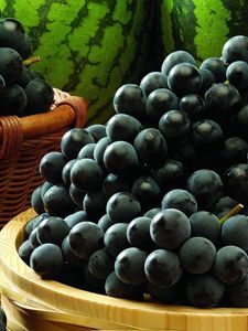 Preview wallpaper grapes, berry, black, water-melons, basket