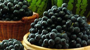 Preview wallpaper grapes, berry, black, water-melons, basket