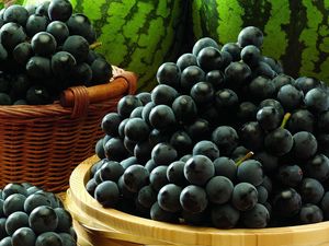 Preview wallpaper grapes, berry, black, water-melons, basket