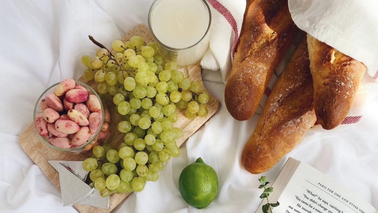 Wallpaper grapes, fruit, milk, baguette, food, aesthetics