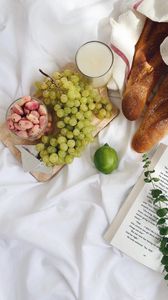 Preview wallpaper grapes, fruit, milk, baguette, food, aesthetics
