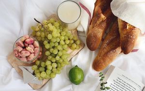 Preview wallpaper grapes, fruit, milk, baguette, food, aesthetics