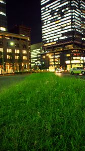 Preview wallpaper grass, buildings, lights, city