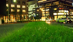 Preview wallpaper grass, buildings, lights, city