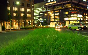 Preview wallpaper grass, buildings, lights, city