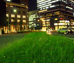 Preview wallpaper grass, buildings, lights, city