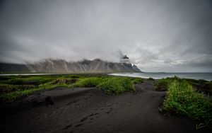 Preview wallpaper grass, coast, sea, mountains, clouds