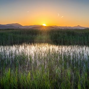 Preview wallpaper grass, field, mountains, sunrise, landscape