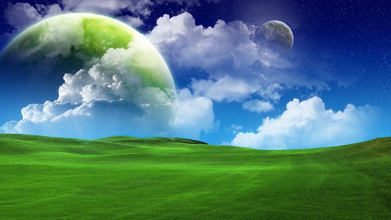 Wallpaper grass, green, sky blue, clouds, summer