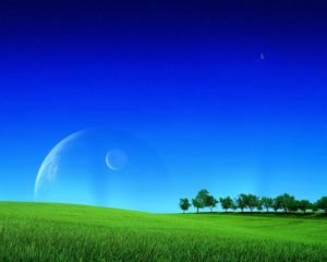 Preview wallpaper grass, greens, field, lawn, sky, planets, space