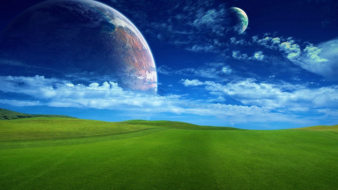 Wallpaper grass, greens, field, lawn, sky, planets, space, clouds