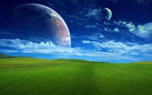 Preview wallpaper grass, greens, field, lawn, sky, planets, space, clouds