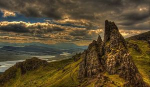 Preview wallpaper grass, mountains, rocks, summer, sky