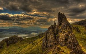 Preview wallpaper grass, mountains, rocks, summer, sky