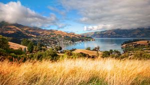 Preview wallpaper grass, mountains, trees, clouds, coast, sea, ships, height, look