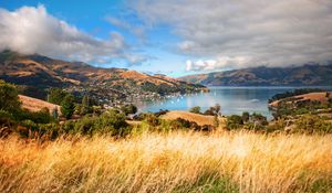 Preview wallpaper grass, mountains, trees, clouds, coast, sea, ships, height, look
