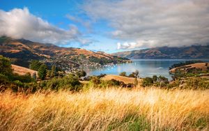 Preview wallpaper grass, mountains, trees, clouds, coast, sea, ships, height, look