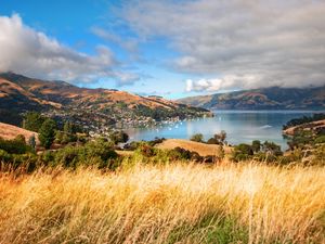 Preview wallpaper grass, mountains, trees, clouds, coast, sea, ships, height, look