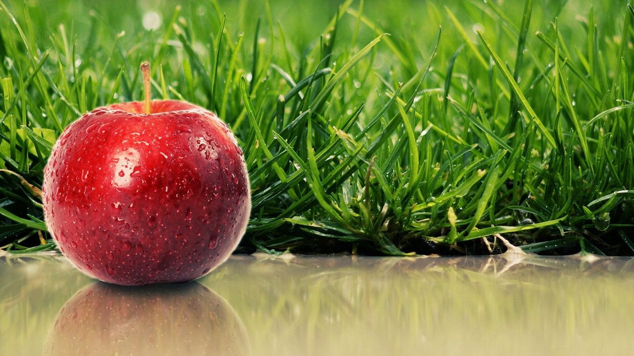 Wallpaper grass, ripe, apple, red