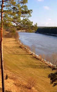 Preview wallpaper grass, river, beach, trees