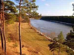 Preview wallpaper grass, river, beach, trees