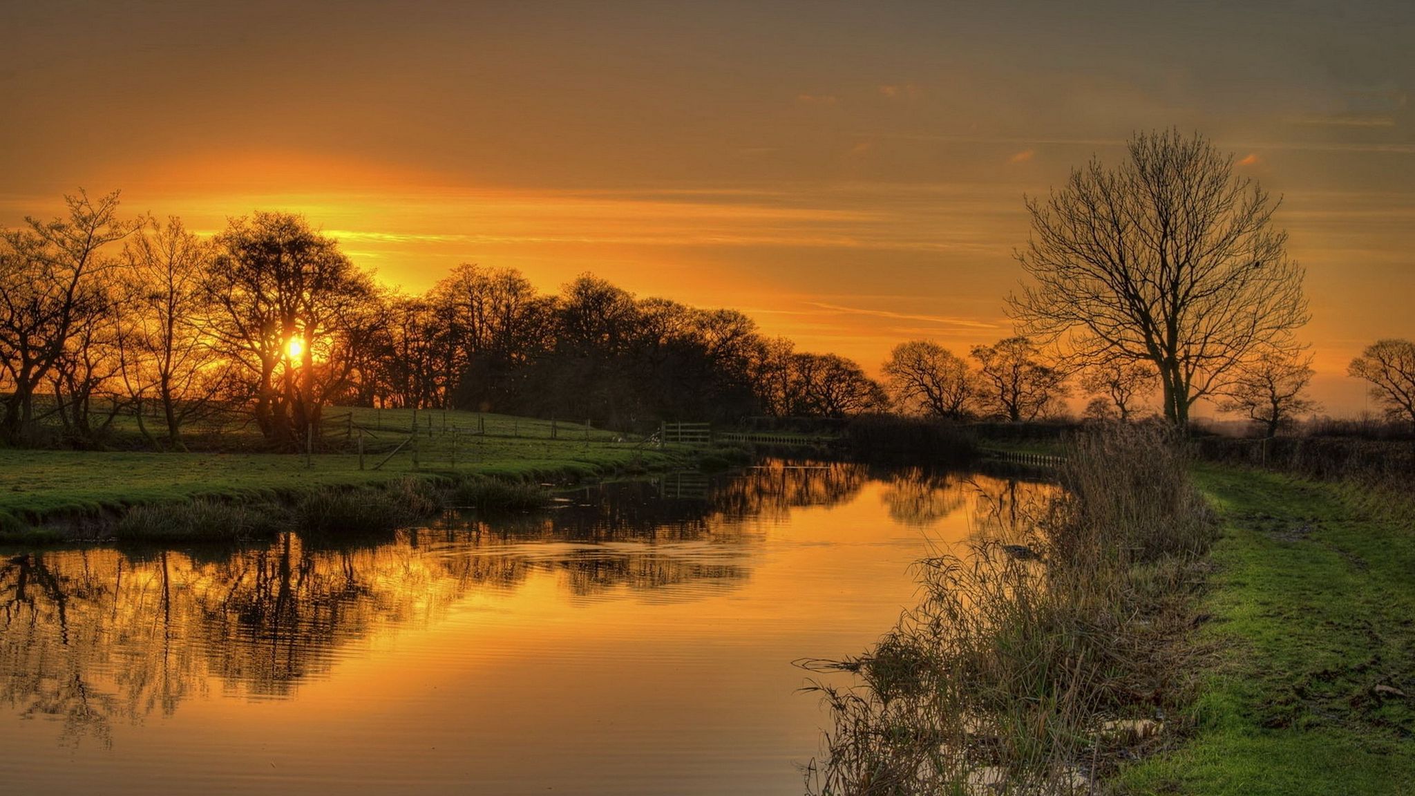 Download wallpaper 2048x1152 grass, river, nature, light ultrawide ...