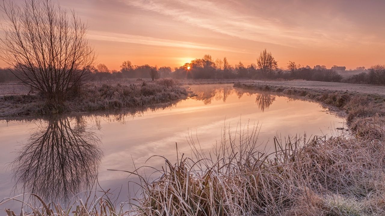 Wallpaper grass, river, sunset, beautiful