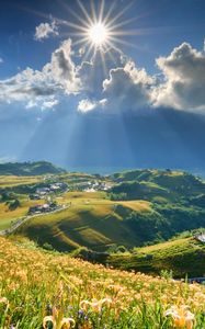 Preview wallpaper grass, sky, mountains, light, shine