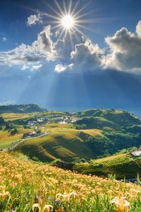 Preview wallpaper grass, sky, mountains, light, shine