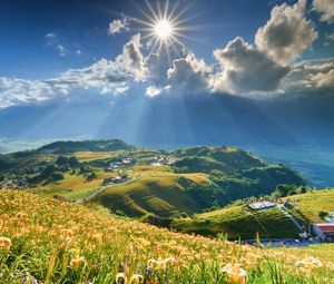 Preview wallpaper grass, sky, mountains, light, shine