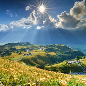 Preview wallpaper grass, sky, mountains, light, shine