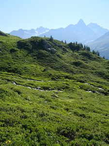 Preview wallpaper grass, slope, mountains, stones, nature