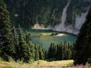 Preview wallpaper grass, slope, trees, island, mountains