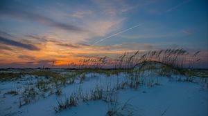 Preview wallpaper grass, snow, horizon, sunset, sky