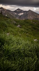 Preview wallpaper grass, stones, mountains, greenery, landscape