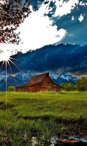 Preview wallpaper grass, trees, field, river, sky, clouds, building